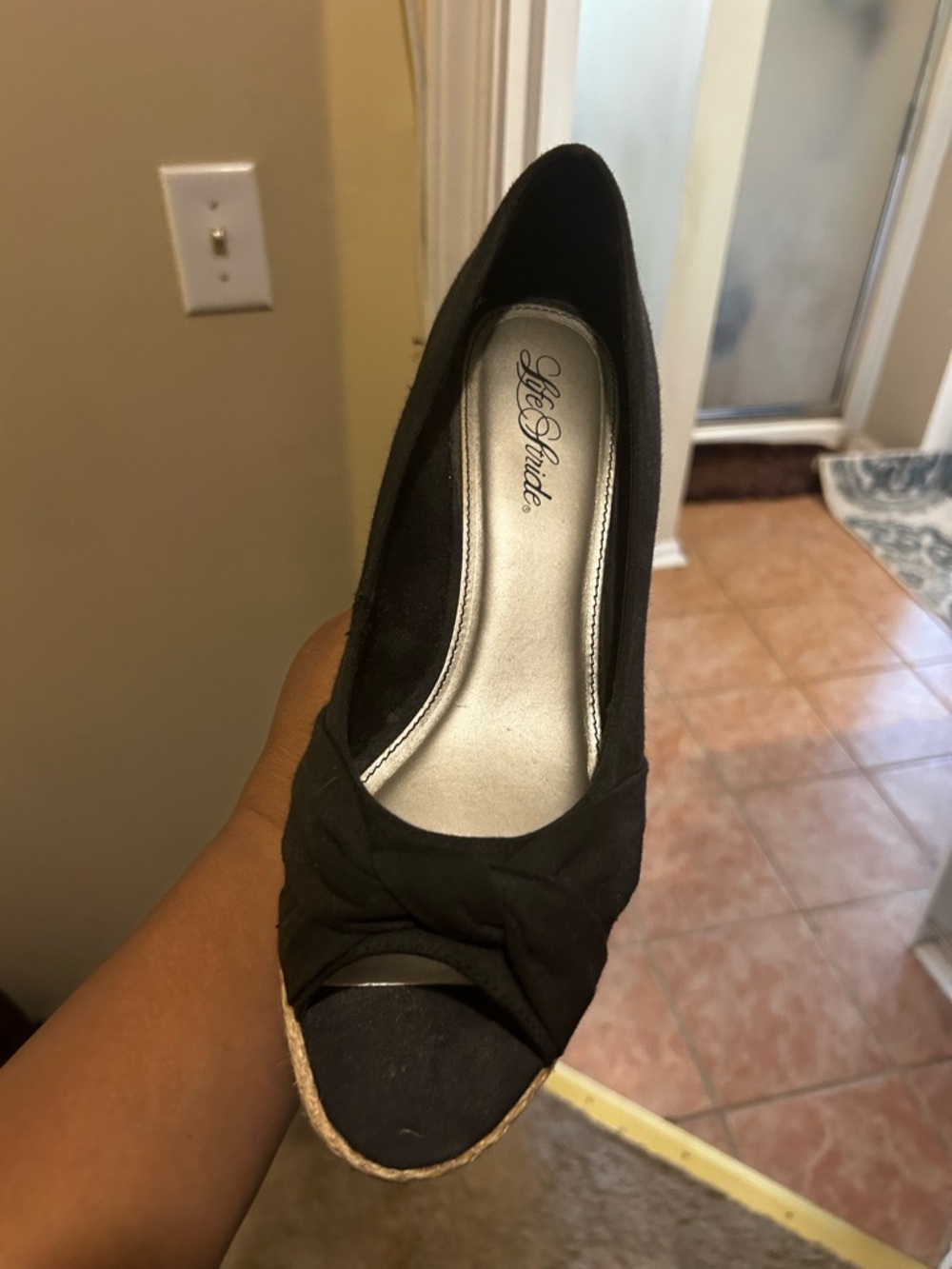 Life Stride Black Open-Toe Espadrille Wedge